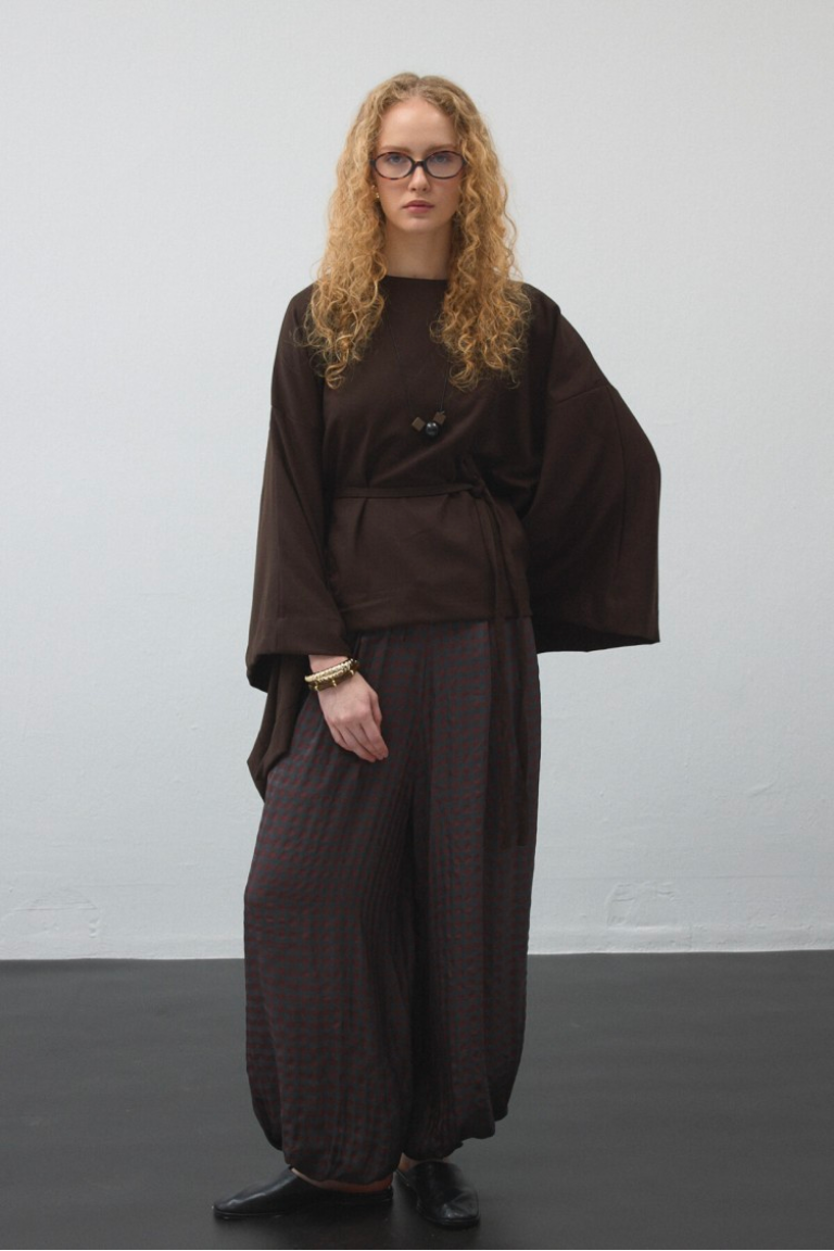 Brown Belted Cape Blouse