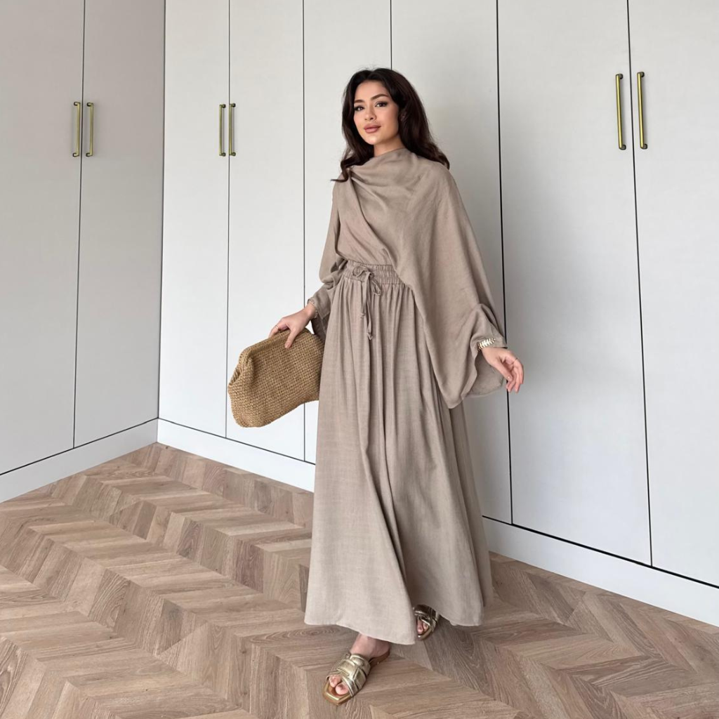 Draped Linen Scarf Detail Skirt Co-ord Beige