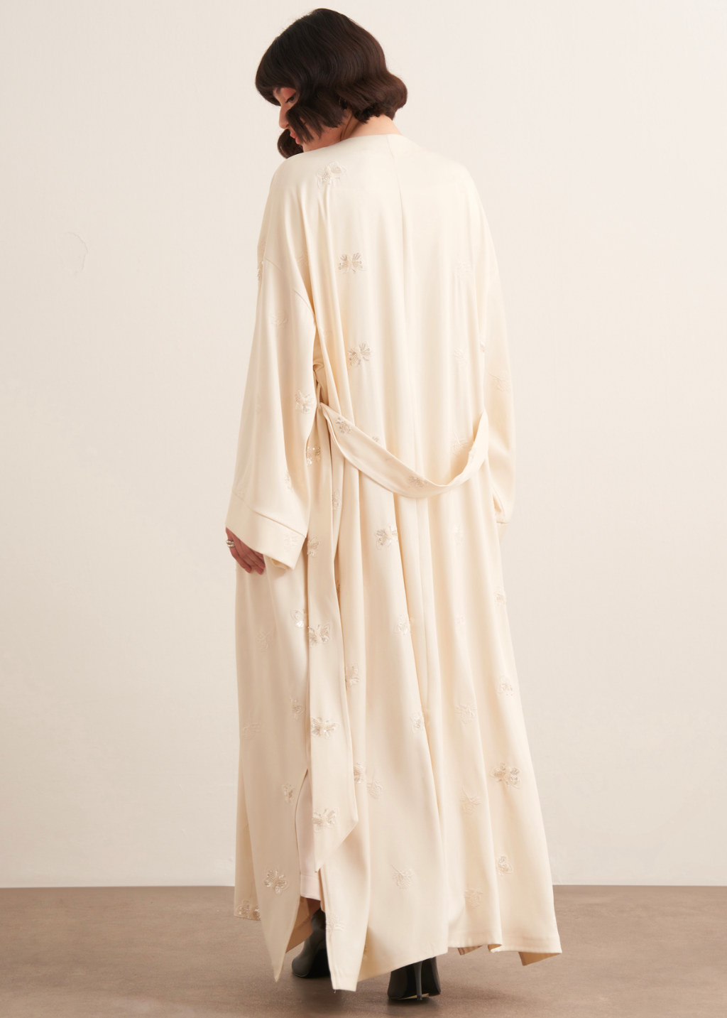Beaded Maxi Kimono Abaya Ecru