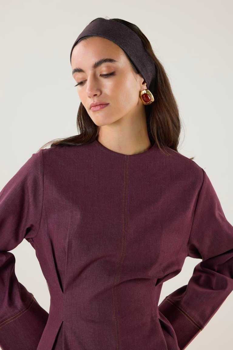 Crew Neck Pleated Denim Blouse – Burgundy