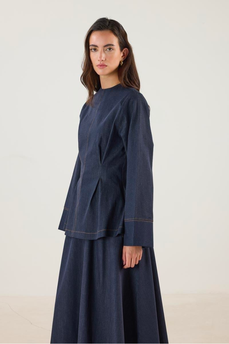 Crew Neck Pleated Denim Blouse – Navy