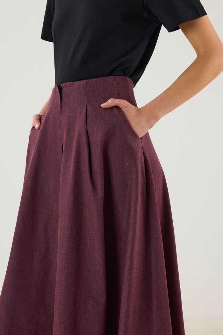 Denim Skirt with Flared Hem and Panel Detailing - Burgundy