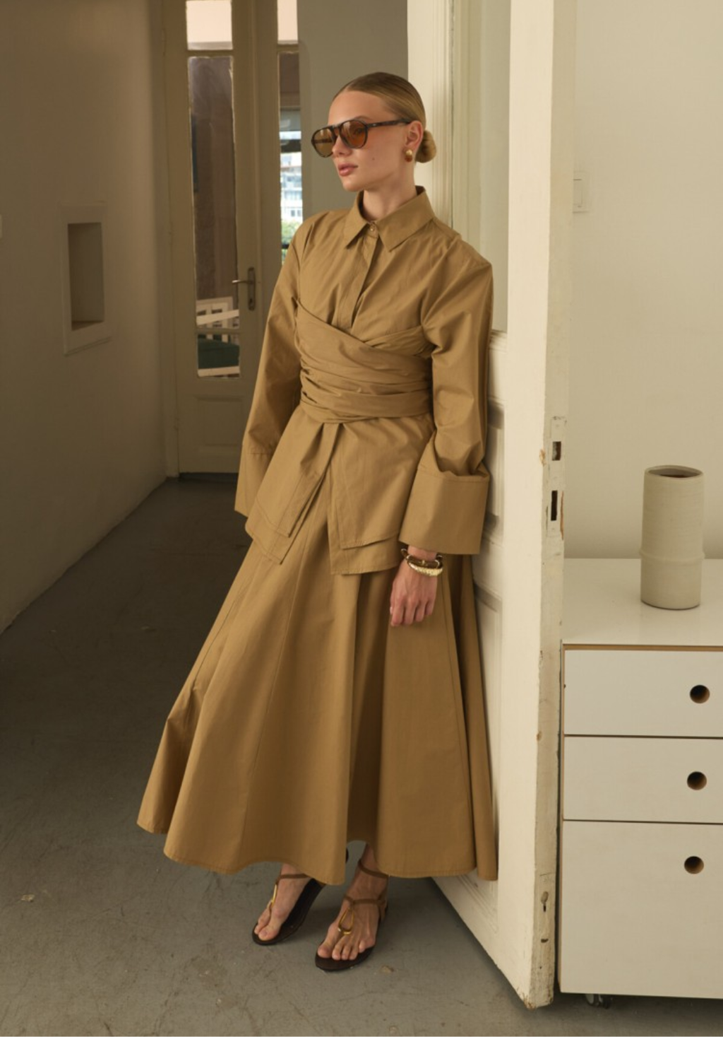 Camel Panelled Poplin Skirt