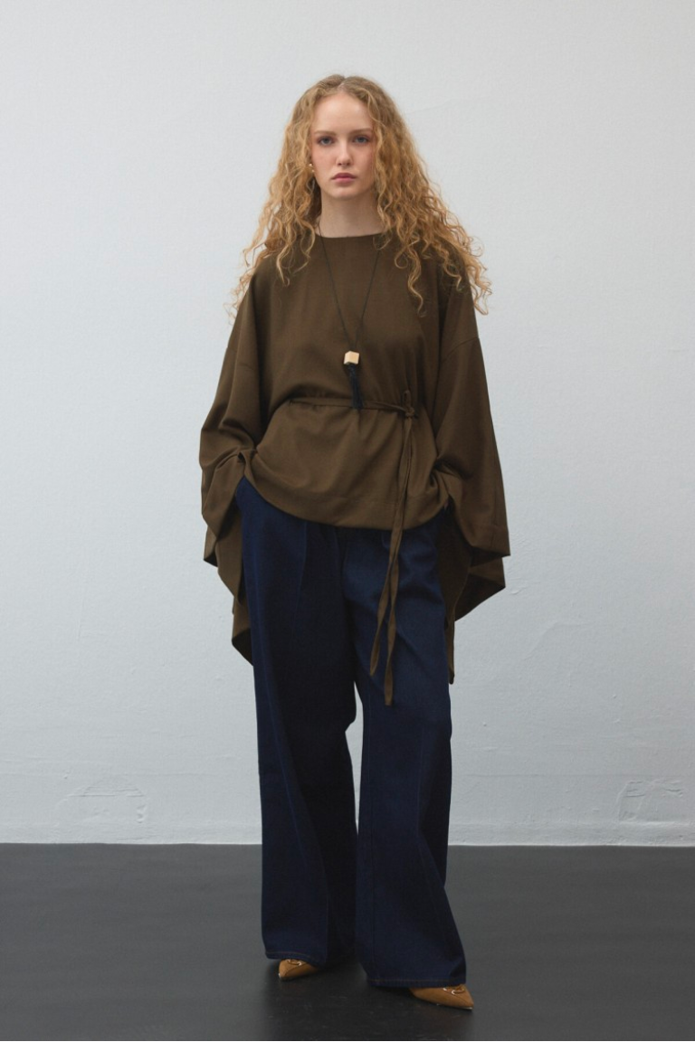 Khaki Belted Cape Blouse