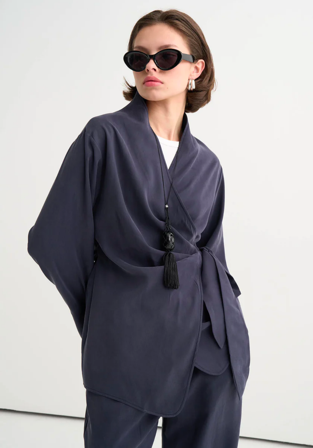 Tima Draped Wrap Blouse Navy Blue