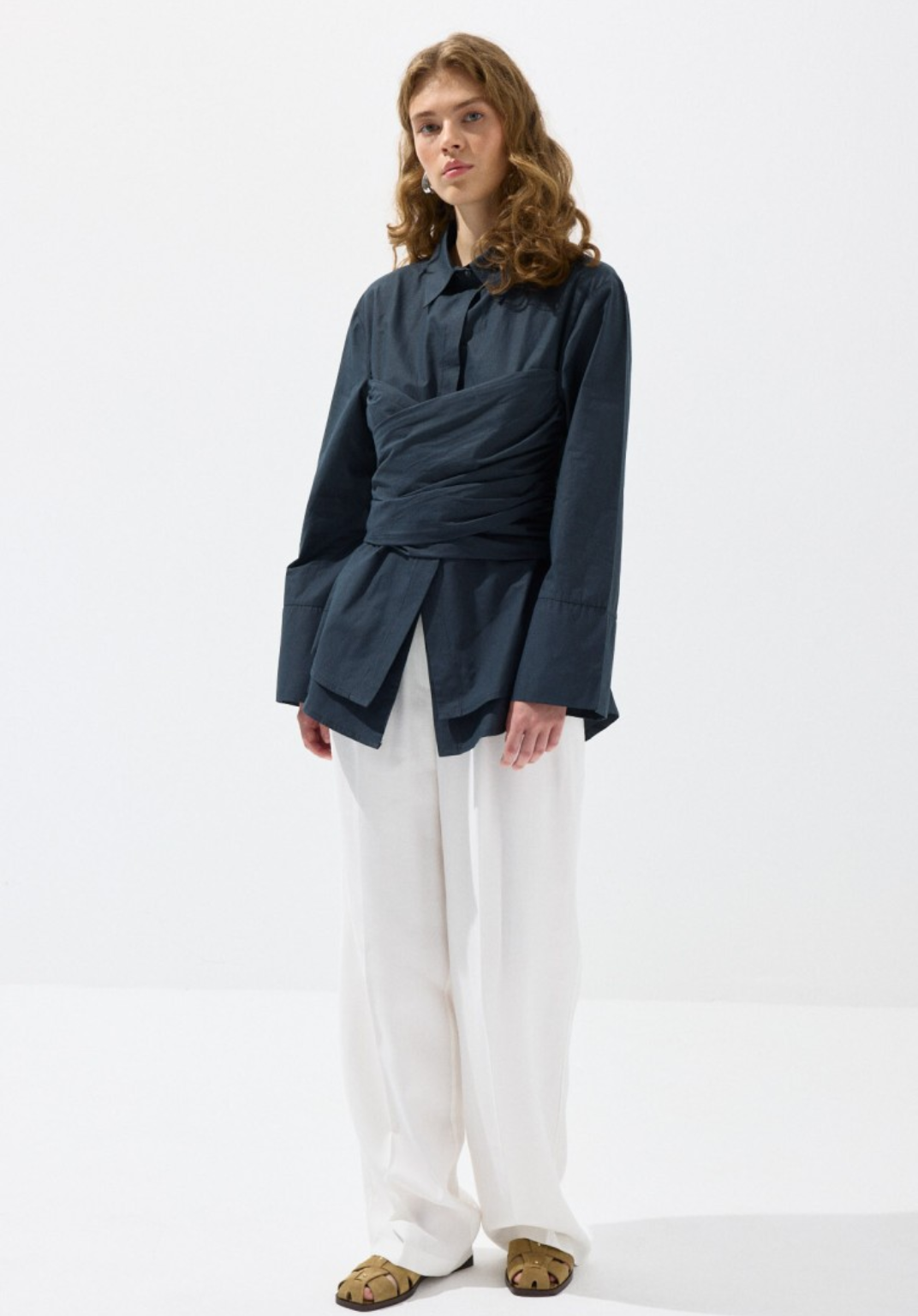 Navy Waist-Tie Poplin Shirt