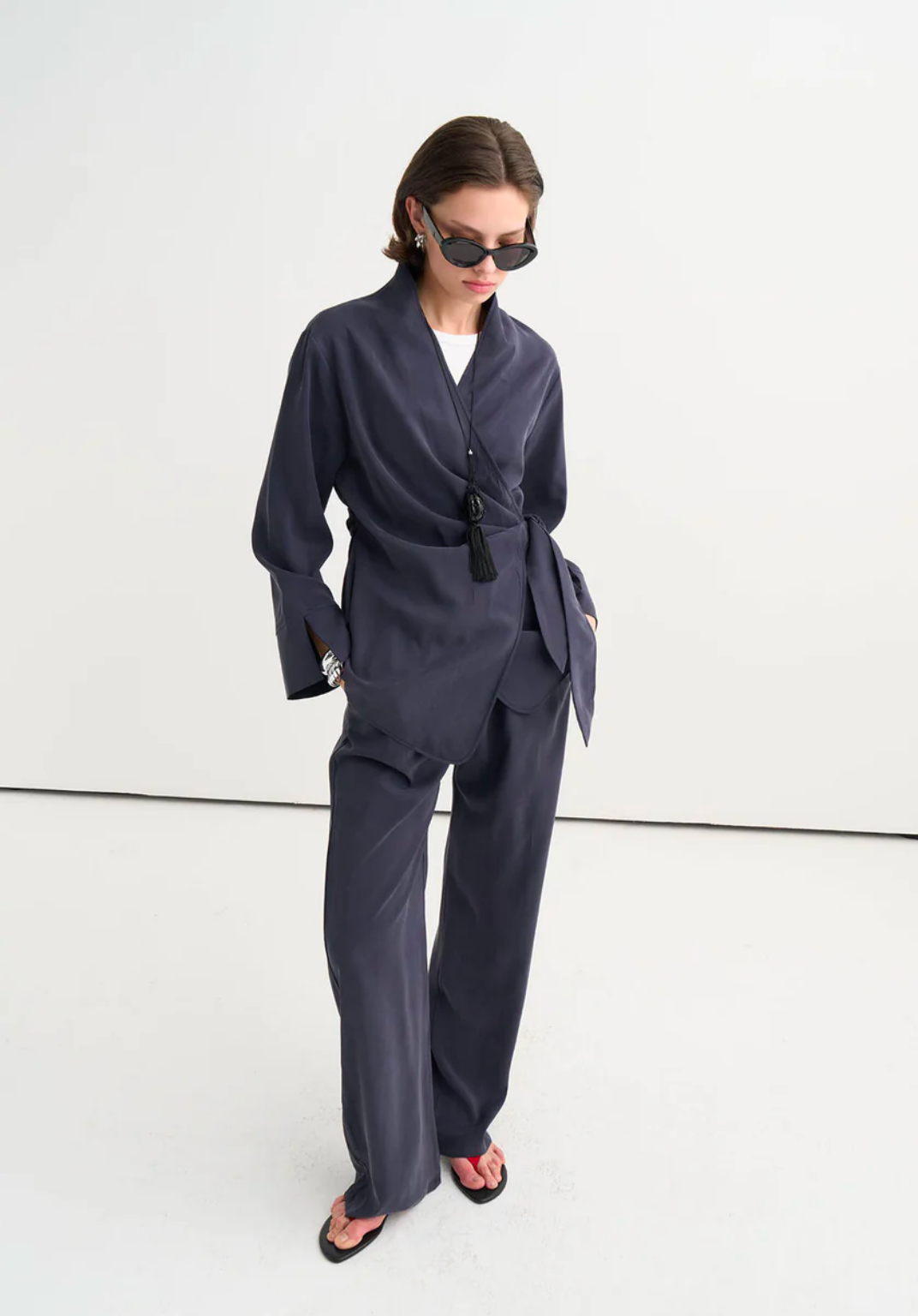 Tima Draped Wrap Blouse Navy Blue