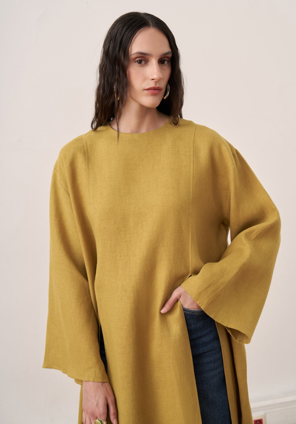Sorayah Linen Blouse with Slit Detail - Olive