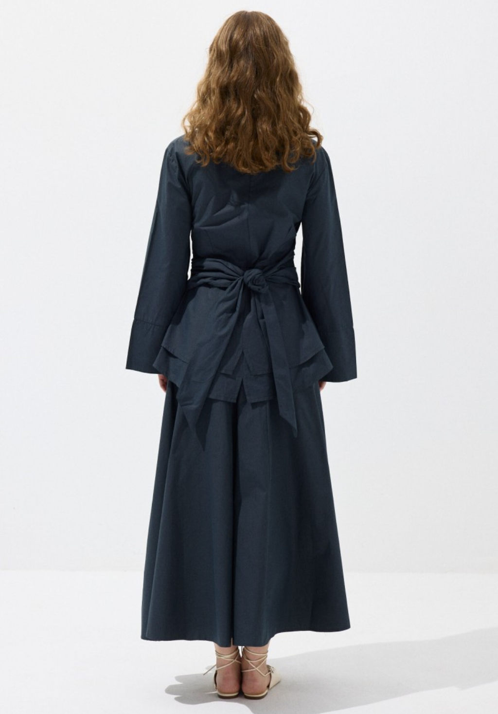 Navy Waist-Tie Poplin Shirt