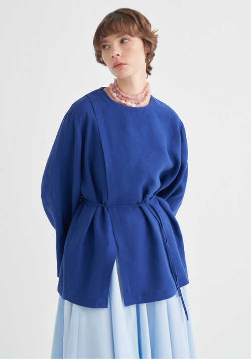 Aliza Belted Linen Blouse - Cobalt Blue