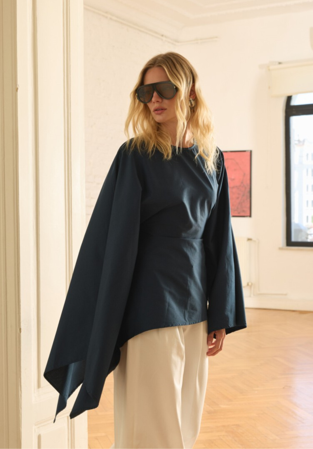 Navy Asymmetric Poplin Blouse with Adjustable Waist
