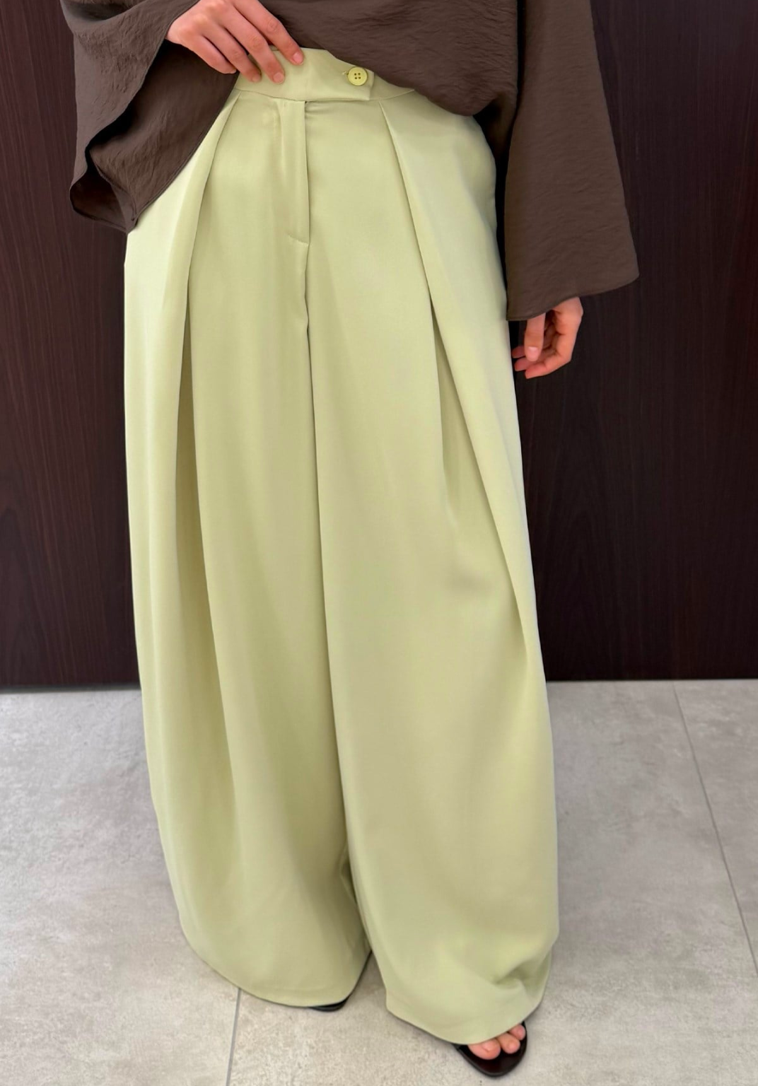 Lena Ruffled Wide Leg Trousers Soft Green