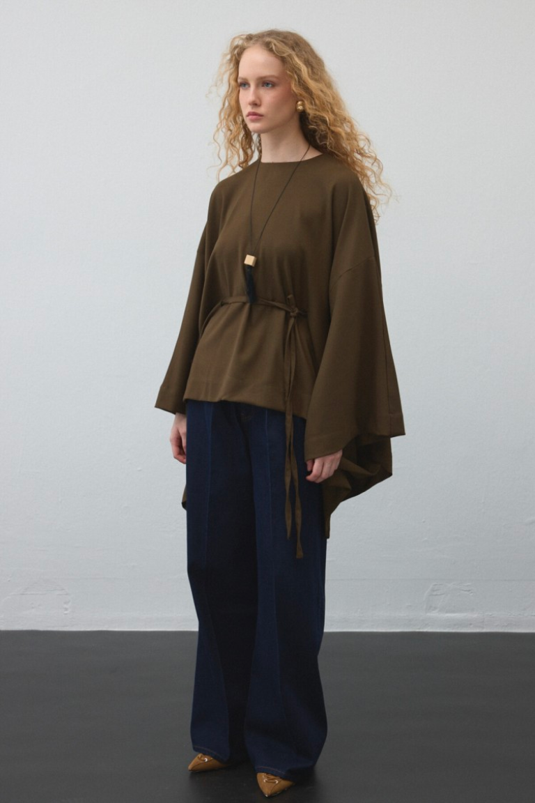 Khaki Belted Cape Blouse