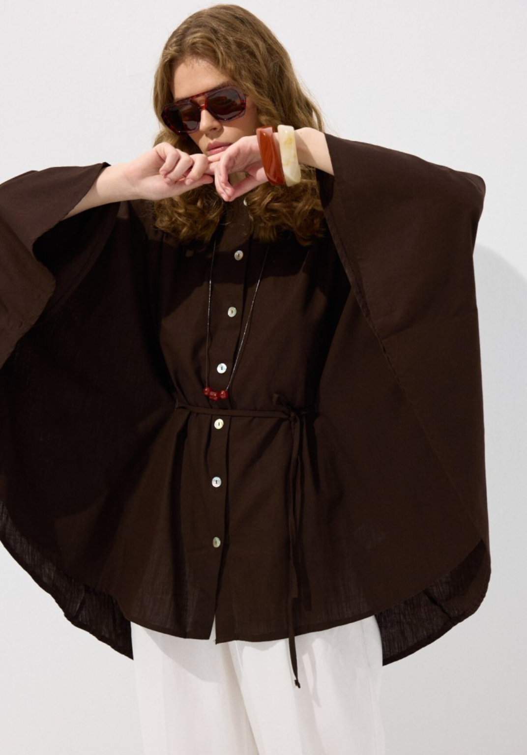 Brown Draped Cape-Style Oversized Shirt