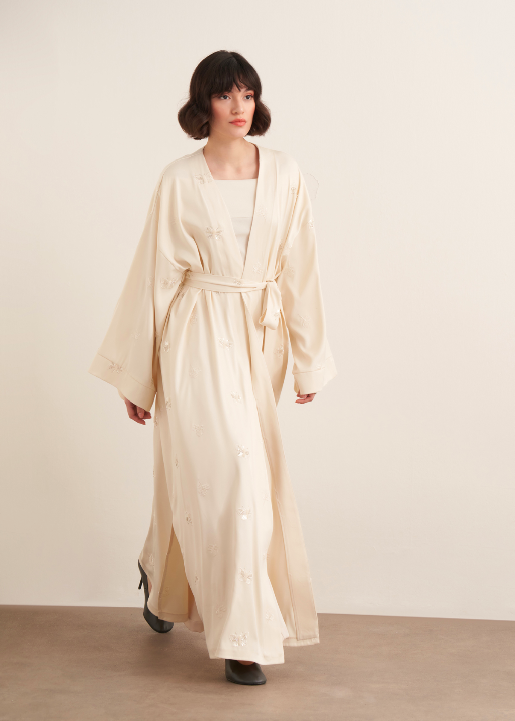 Beaded Maxi Kimono Abaya Ecru