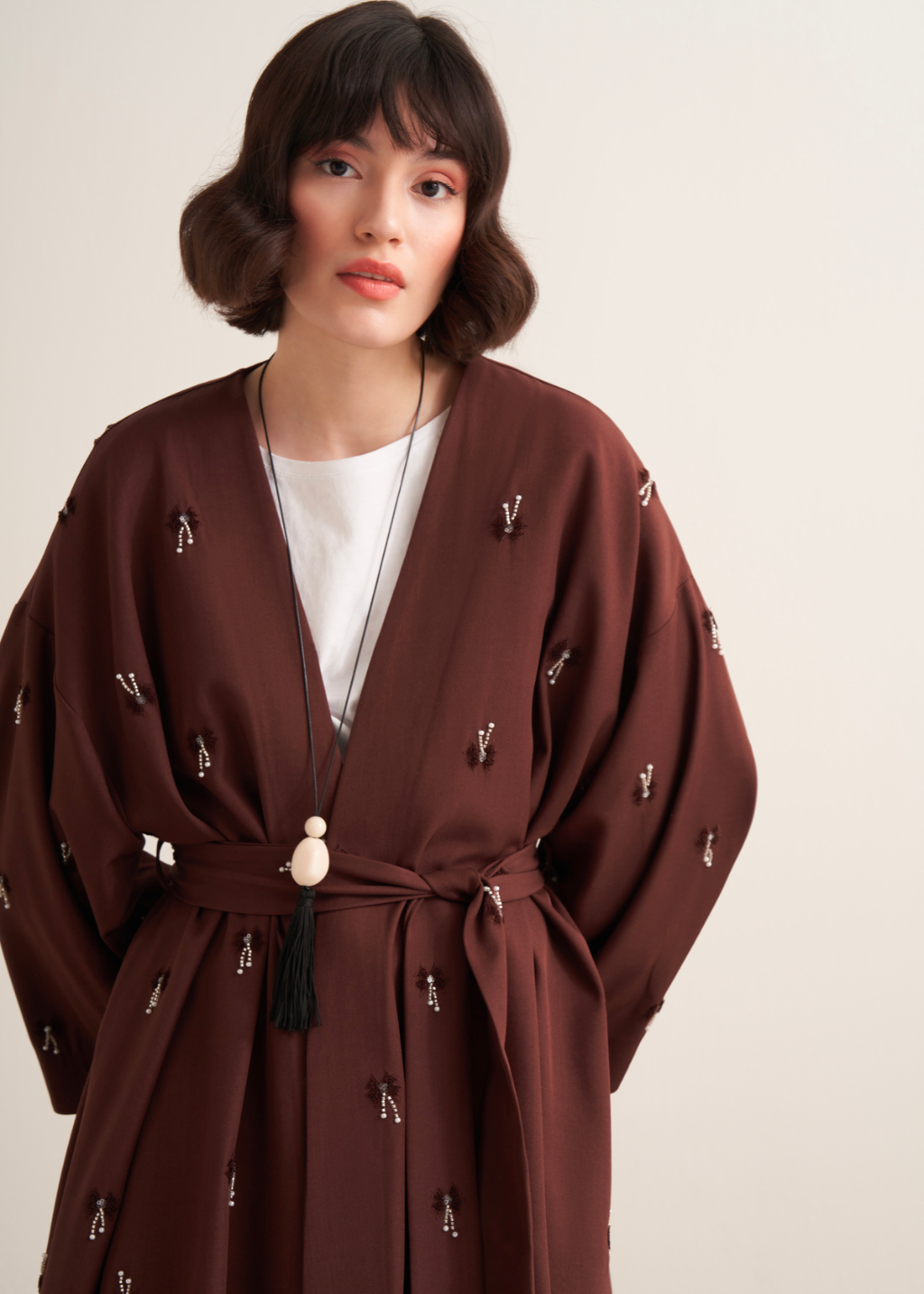 Beaded Maxi Kimono Abaya Brown