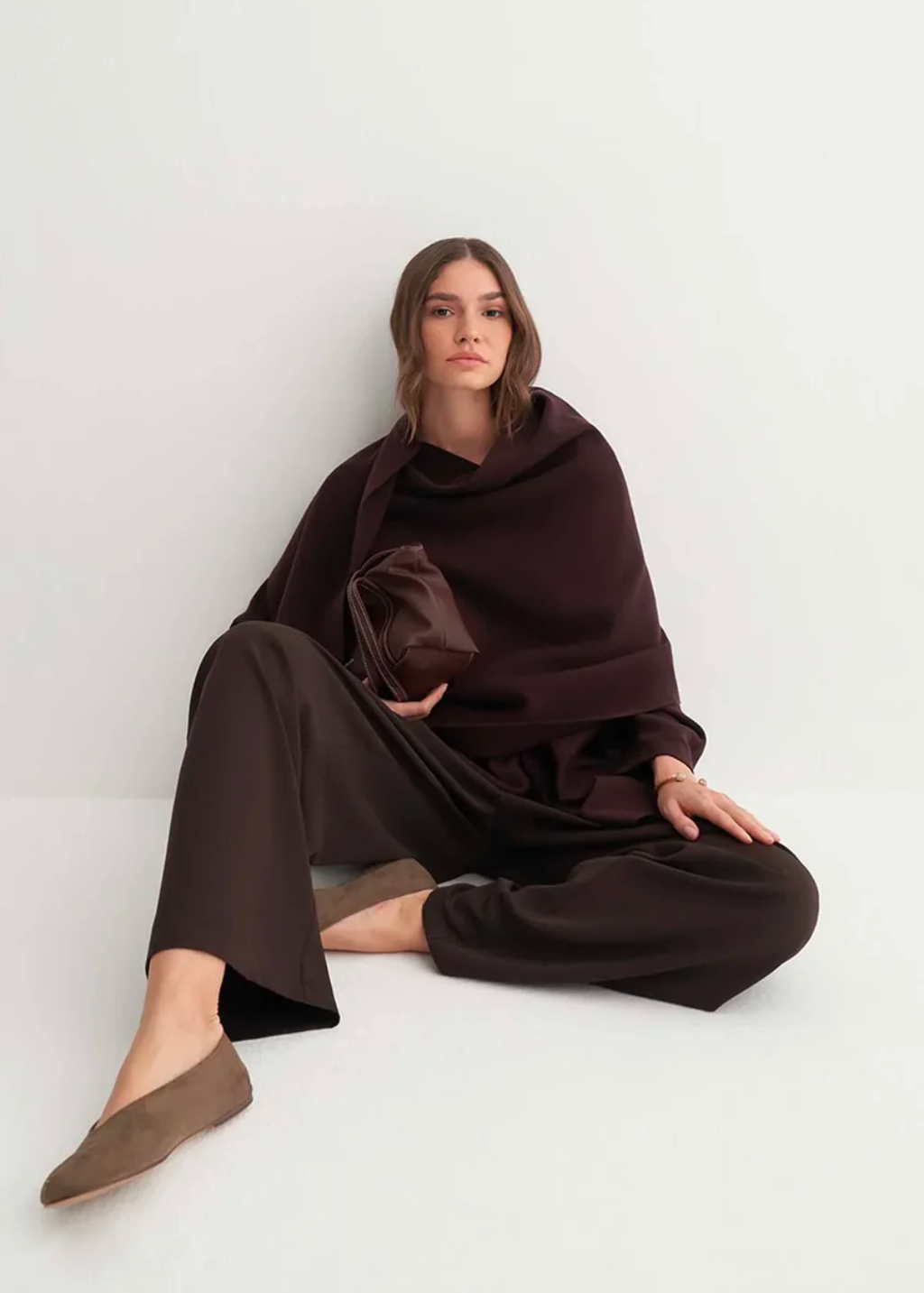 Knit Cardigan with Scarf Detail Brown