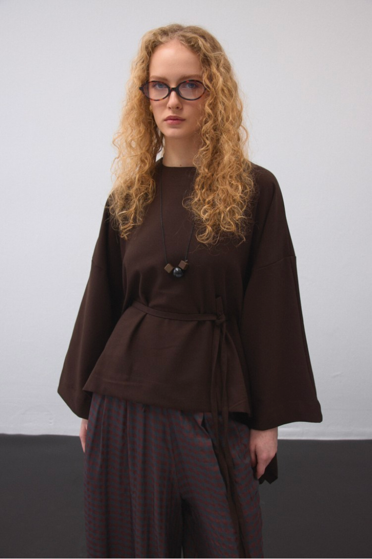 Brown Belted Cape Blouse