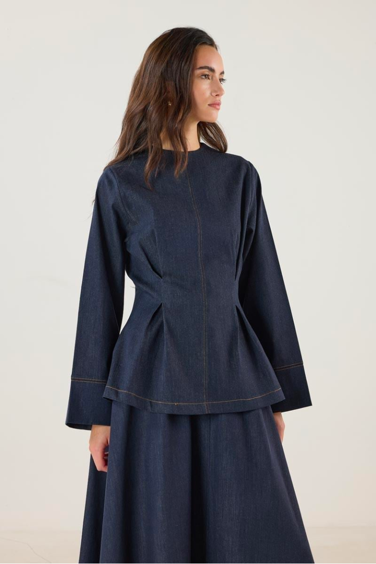 Crew Neck Pleated Denim Blouse – Navy