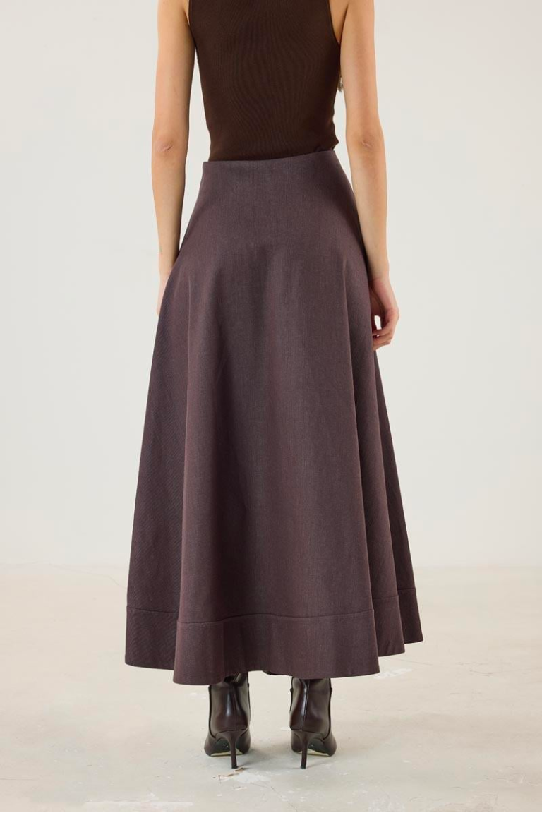 Denim Skirt with Flared Hem and Panel Detailing - Brown