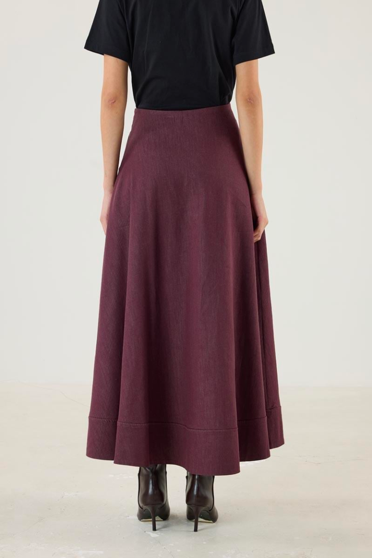 Denim Skirt with Flared Hem and Panel Detailing - Burgundy