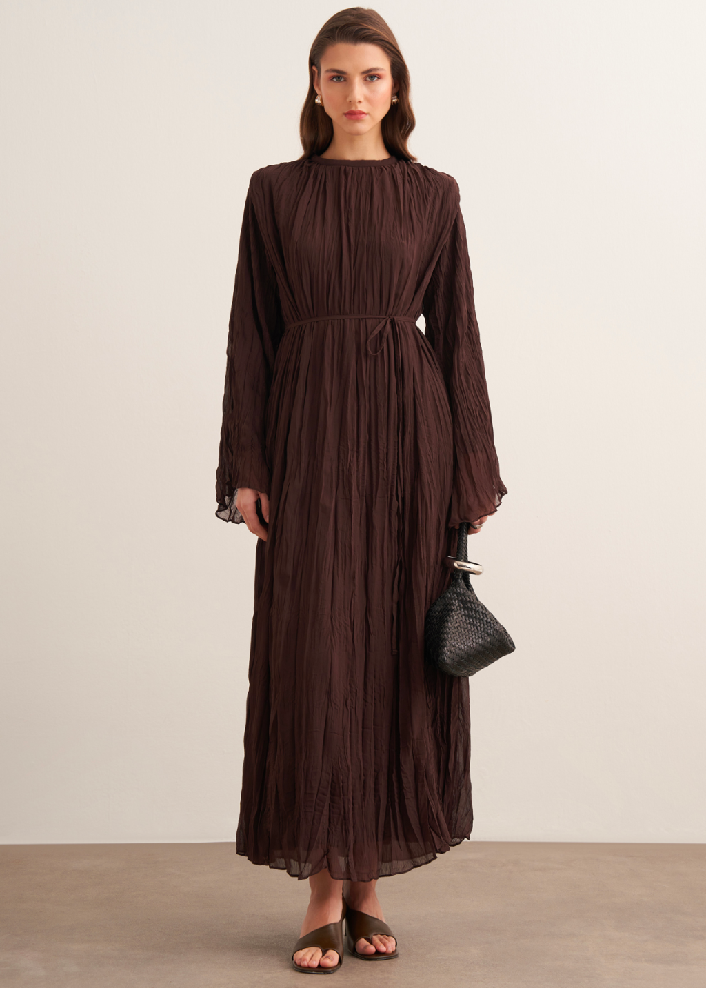 Crushed Chiffon Dress - Brown