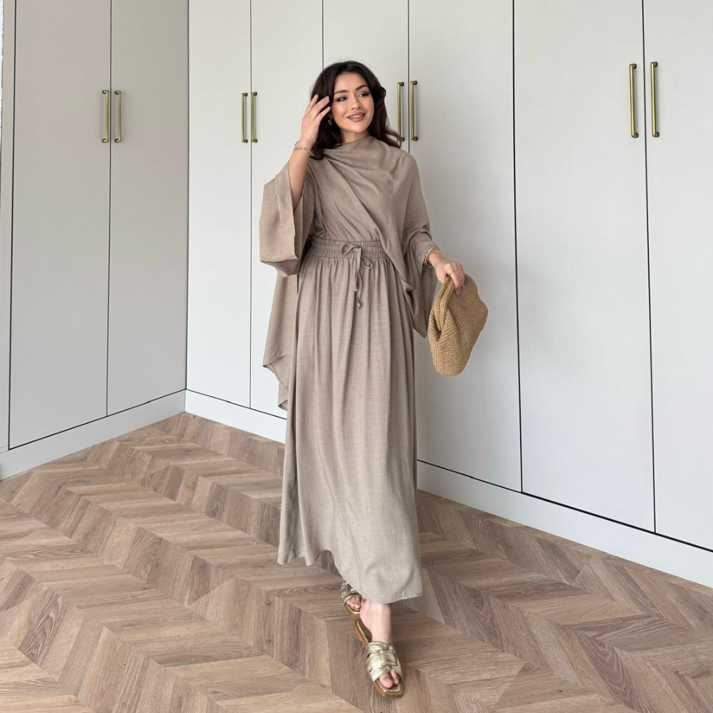Draped Linen Scarf Detail Skirt Co-ord Beige