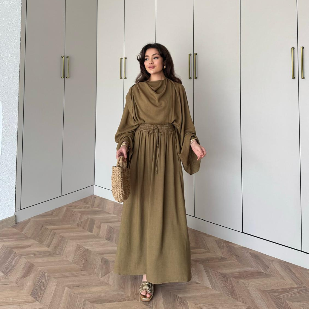 Draped Linen Scarf Detail Skirt Co-ord Olive Green