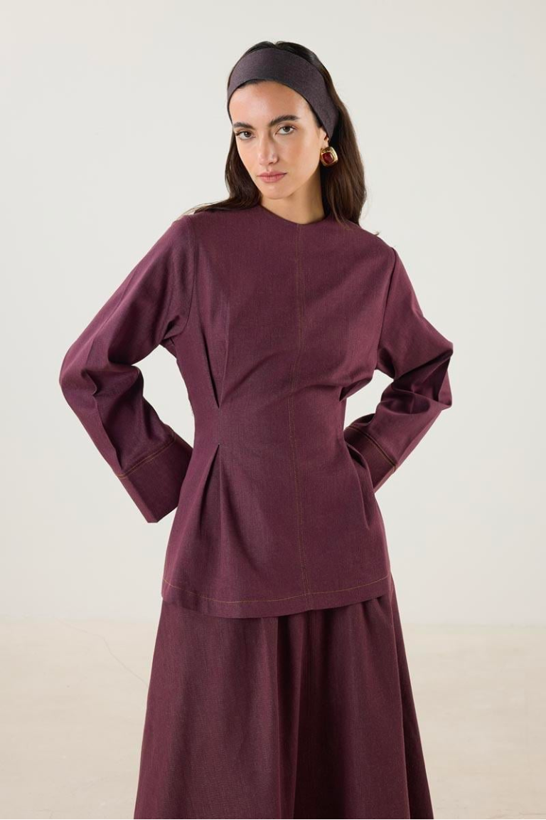 Crew Neck Pleated Denim Blouse – Burgundy