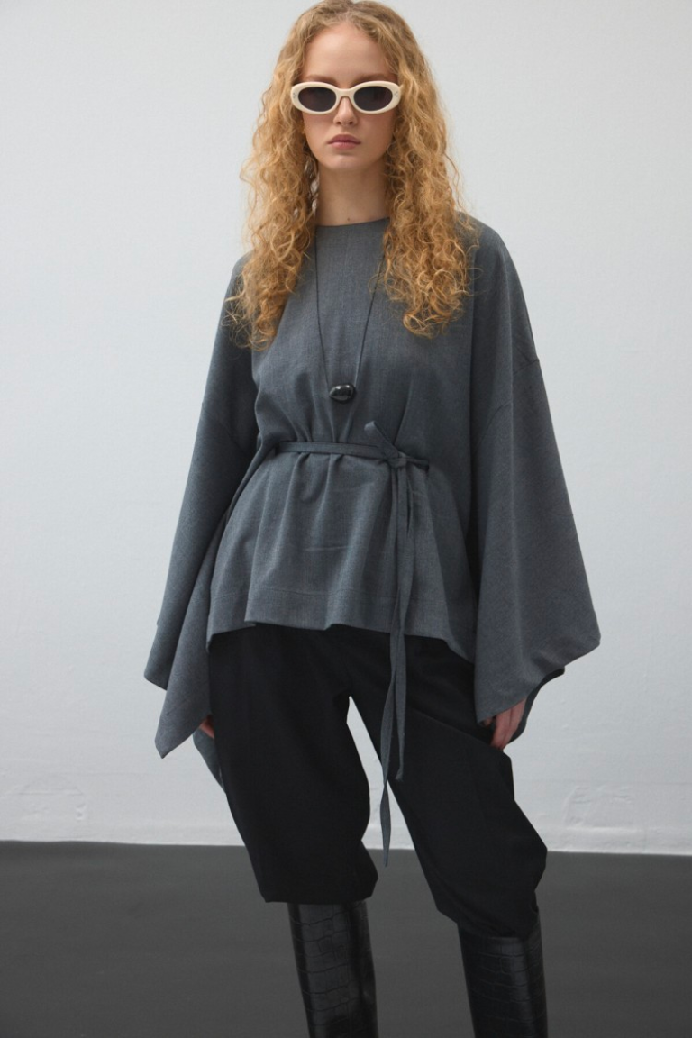 Grey Belted Cape Blouse