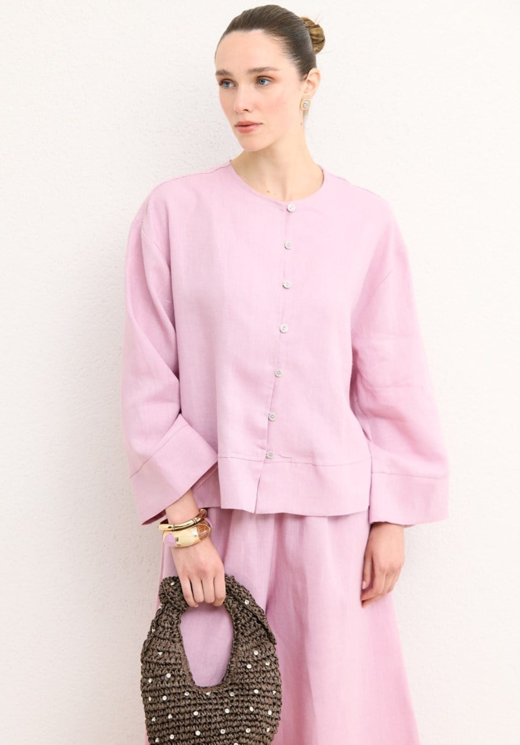 Hala Button Detail Organic Linen Shirt – Pink