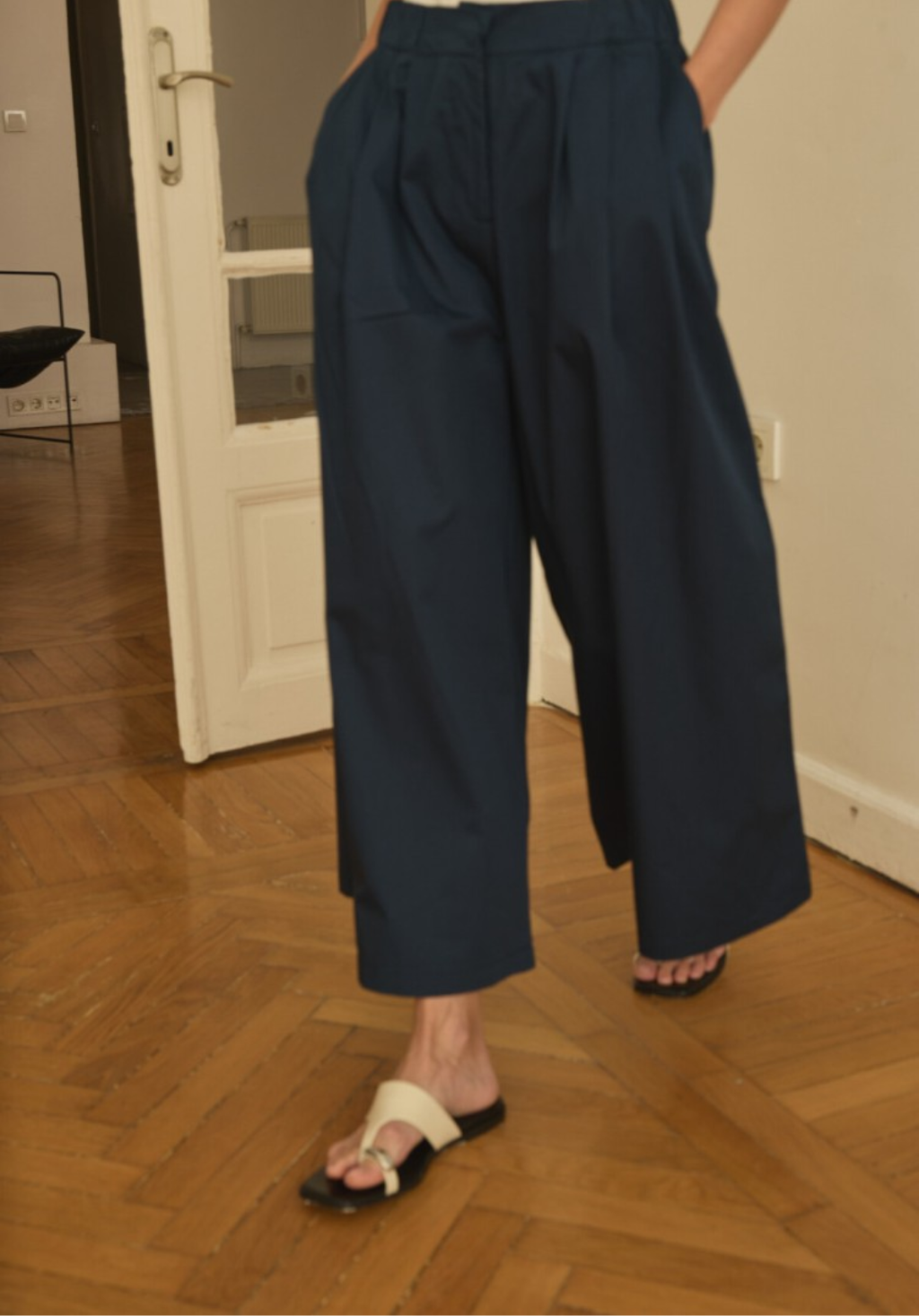 Navy Front-Pleated Culotte Trousers