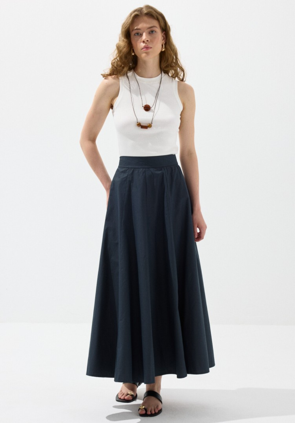 Navy Panelled Poplin Skirt
