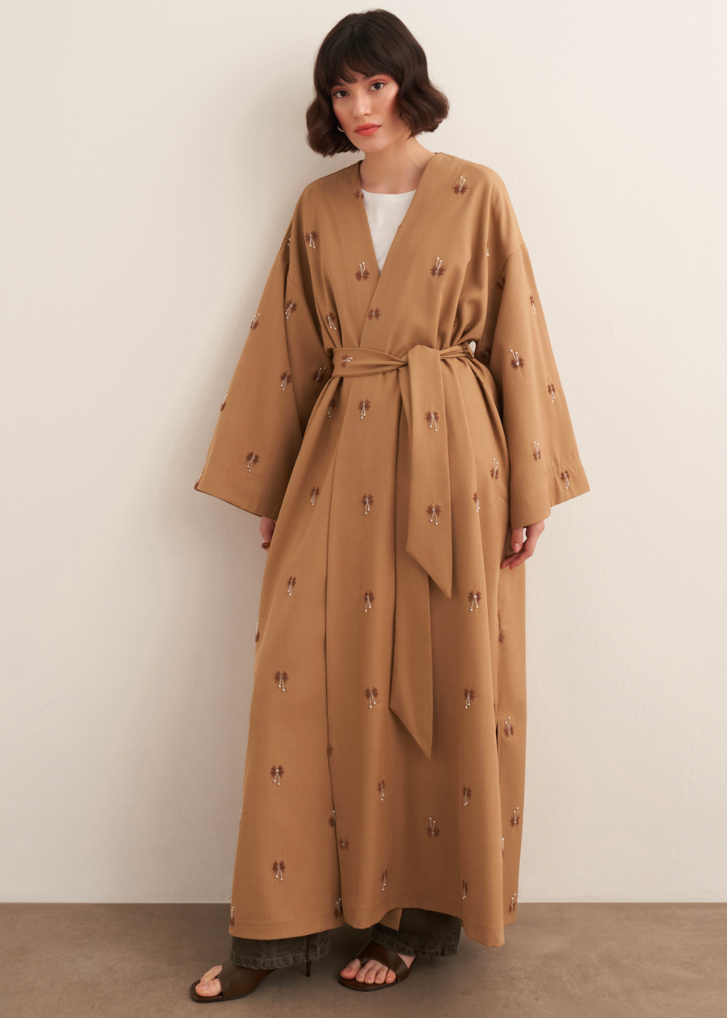 Beaded Maxi Kimono Abaya Beige