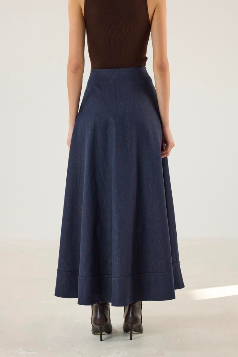 Denim Skirt with Flared Hem and Panel Detailing - Navy