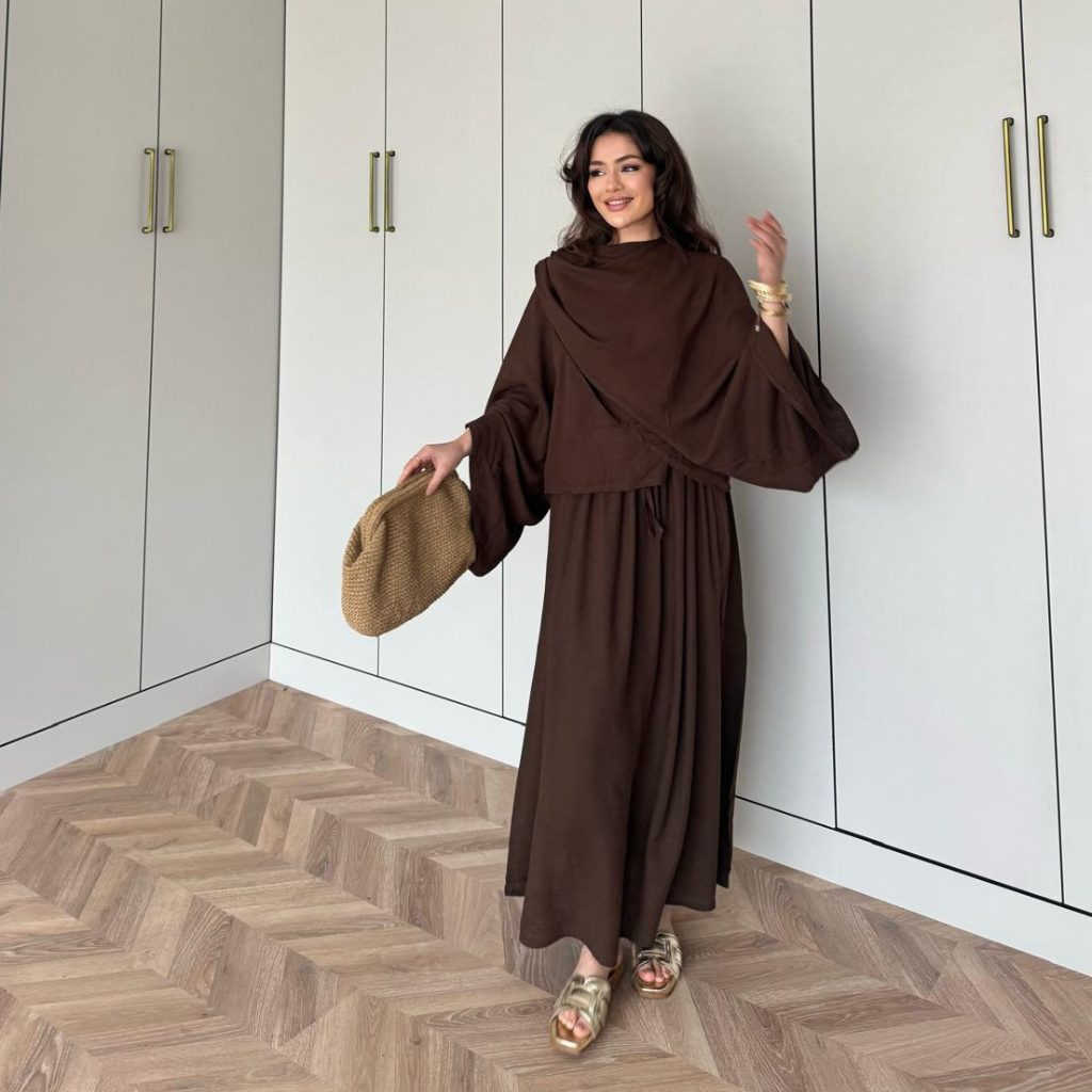 Draped Linen Scarf Detail Skirt Co-ord Brown