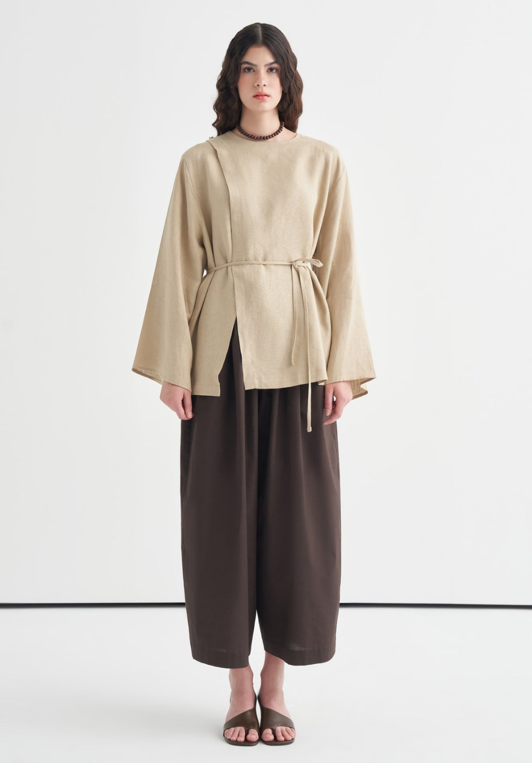 Aliza Belted Linen Blouse - Moss Beige