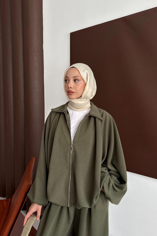 Oversized Modal Zipper Track Suit Set Khaki