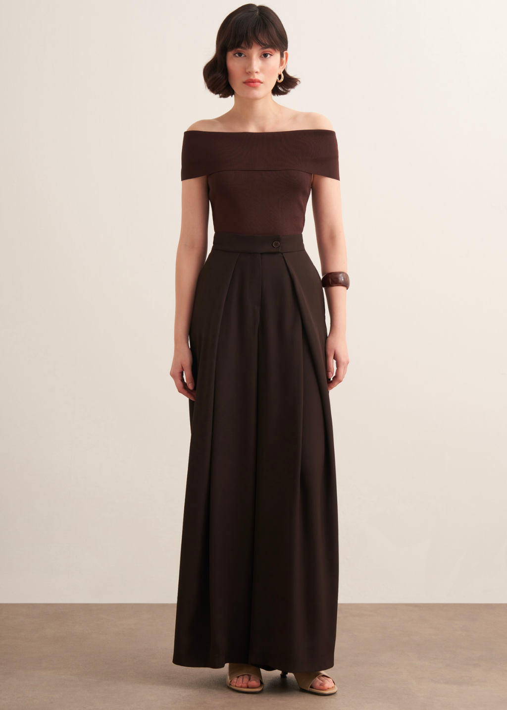 Lena Ruffled Wide Leg Trousers Brown
