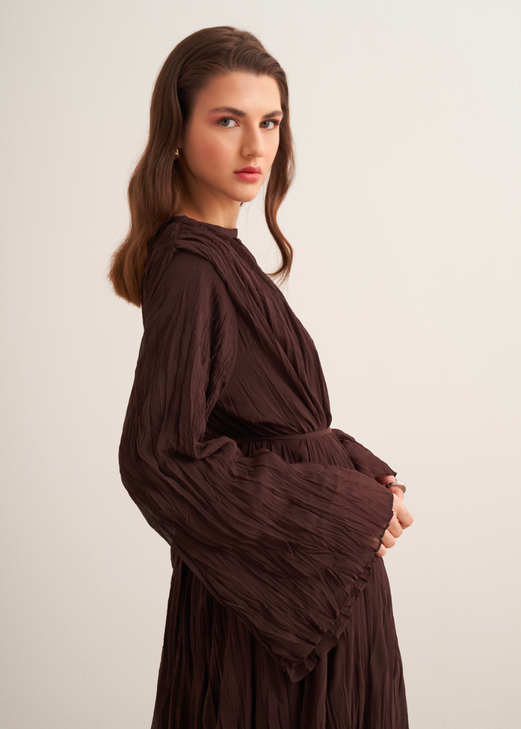 Crushed Chiffon Dress - Brown