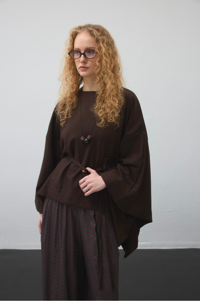 Brown Belted Cape Blouse