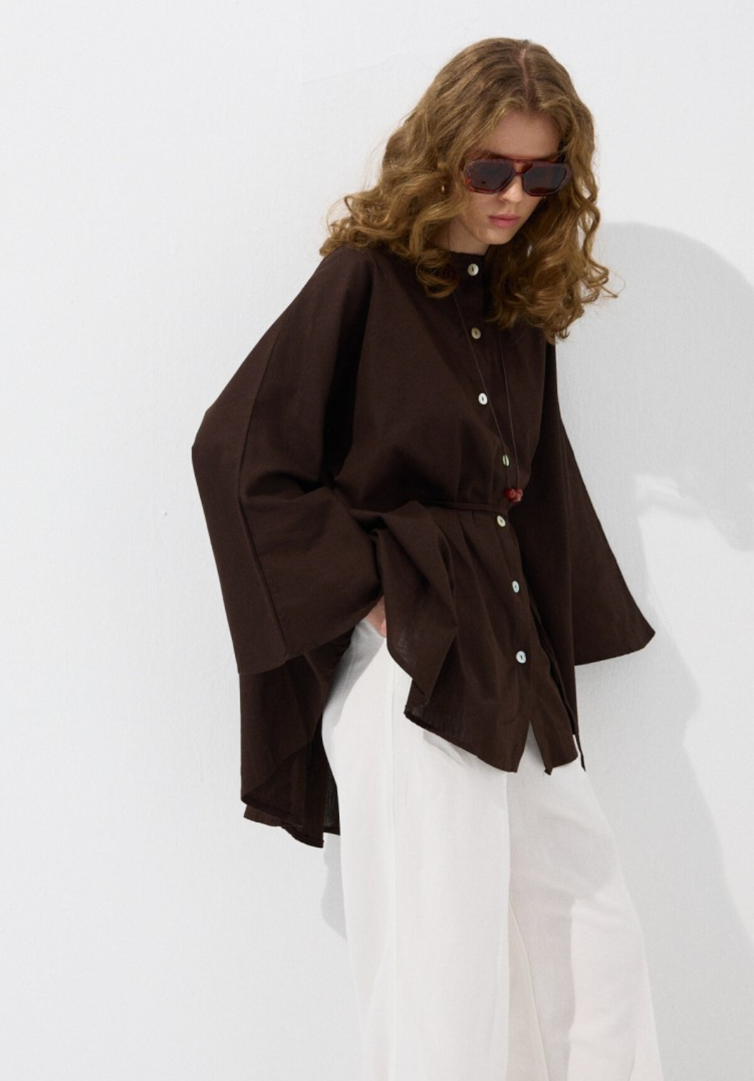 Brown Draped Cape-Style Oversized Shirt