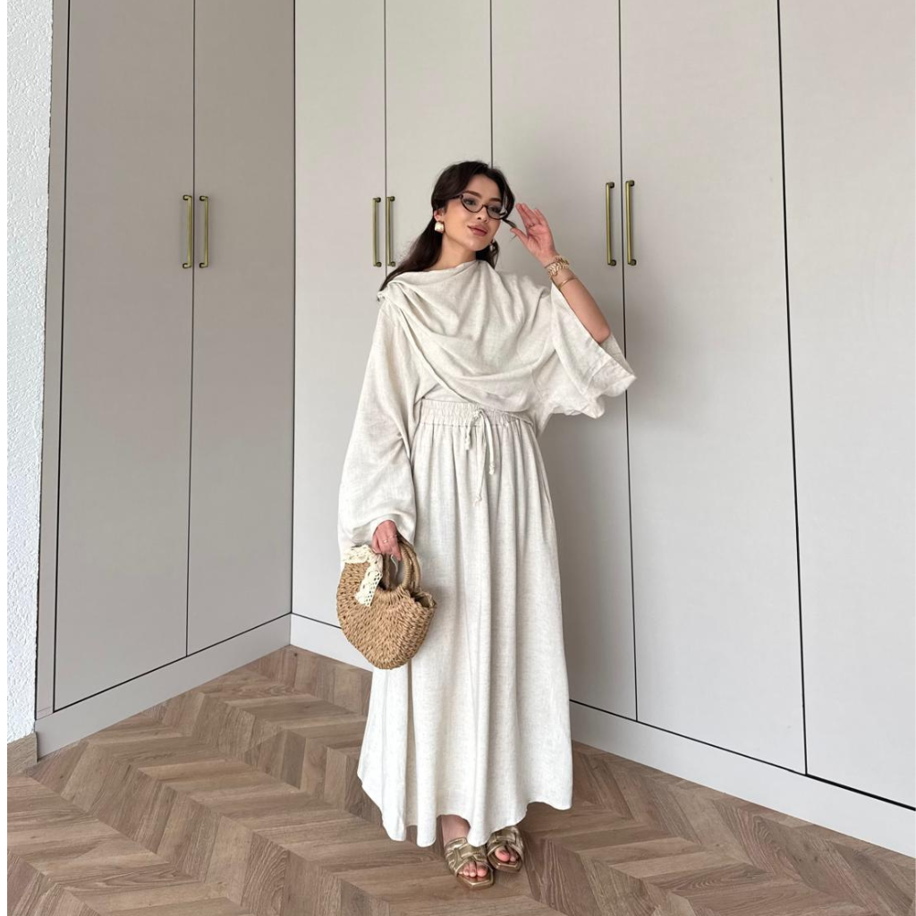Draped Linen Scarf Detail Skirt Co-ord Off-White