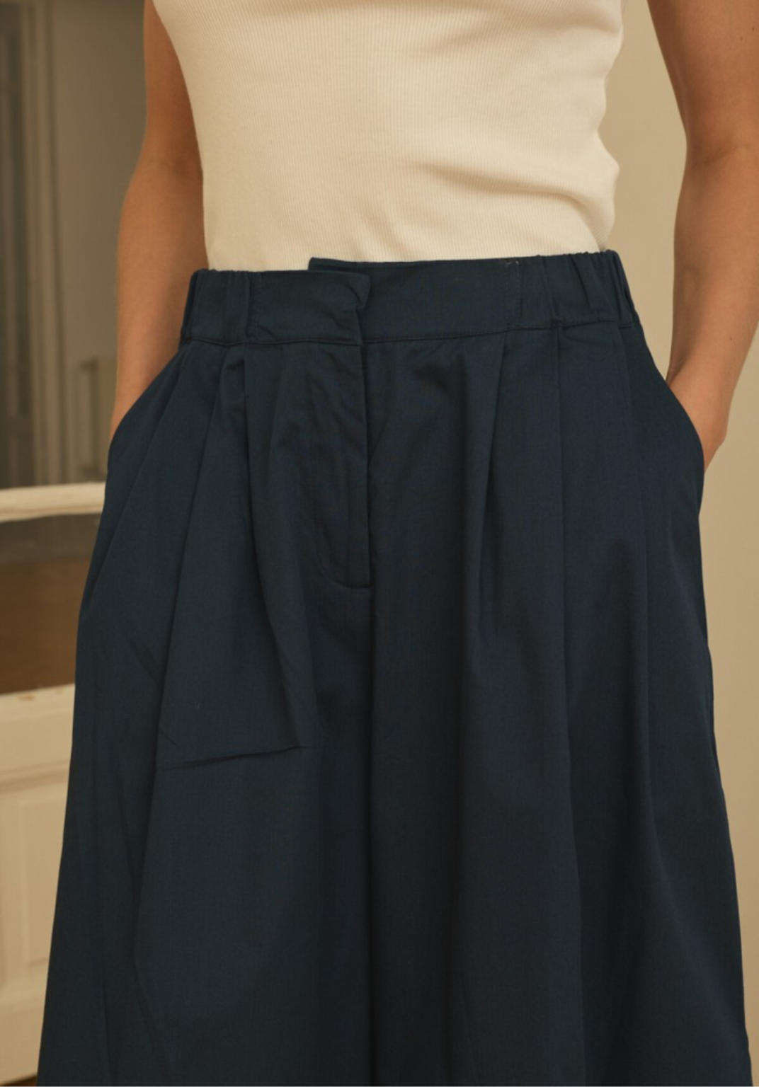 Navy Front-Pleated Culotte Trousers