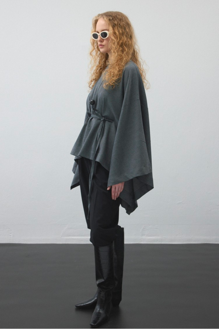 Grey Belted Cape Blouse