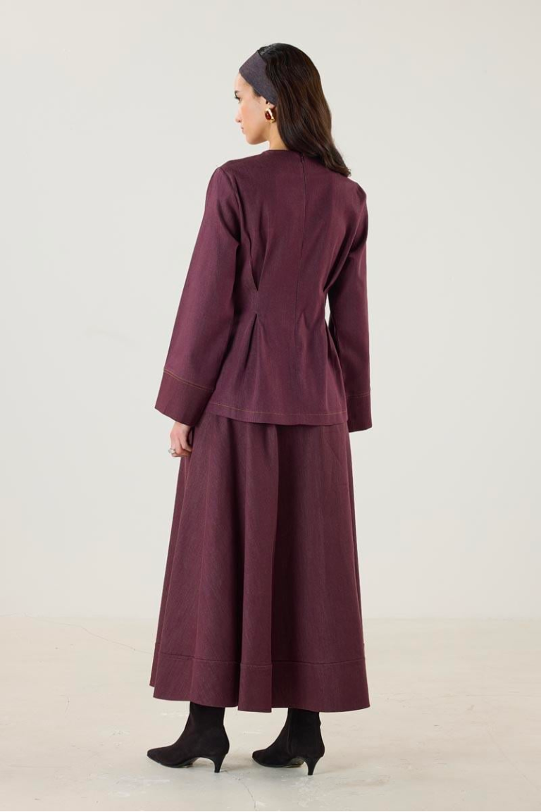 Crew Neck Pleated Denim Blouse – Burgundy