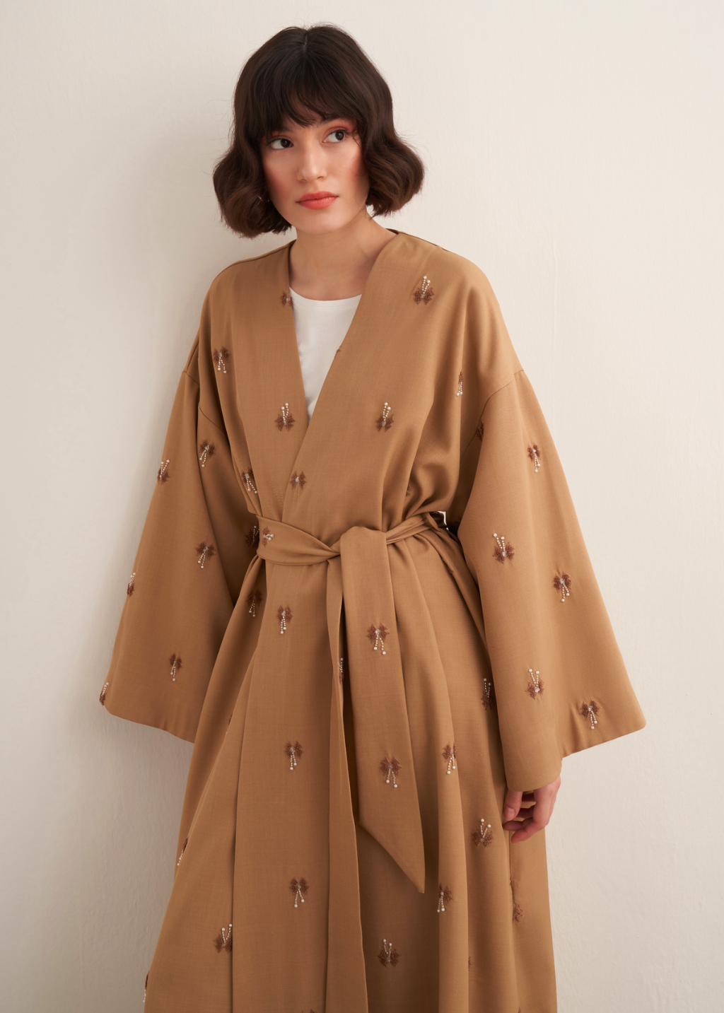 Beaded Maxi Kimono Abaya Beige