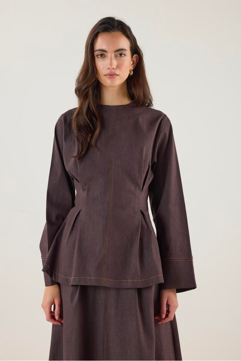 Crew Neck Pleated Denim Blouse – Brown