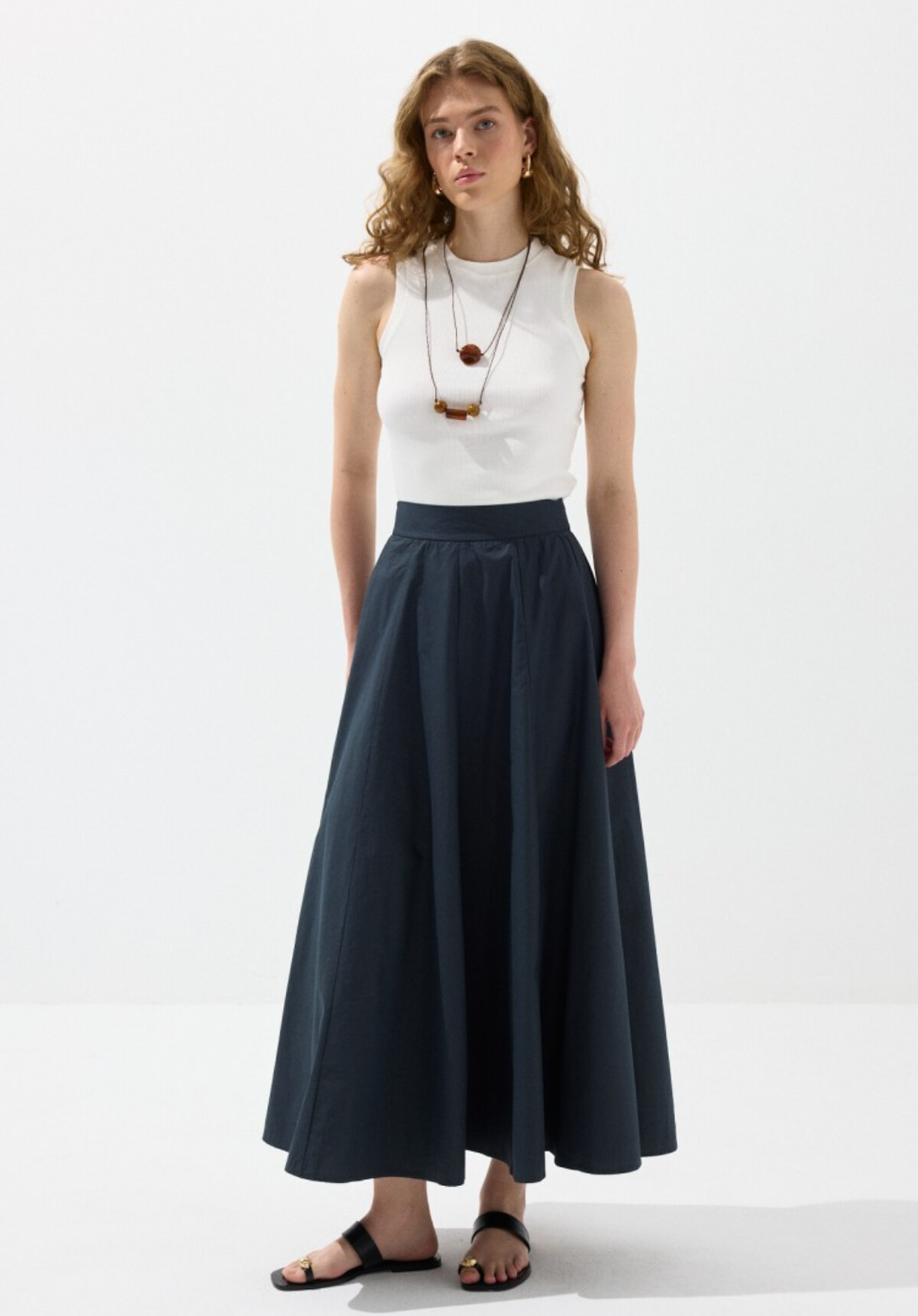 Navy Panelled Poplin Skirt