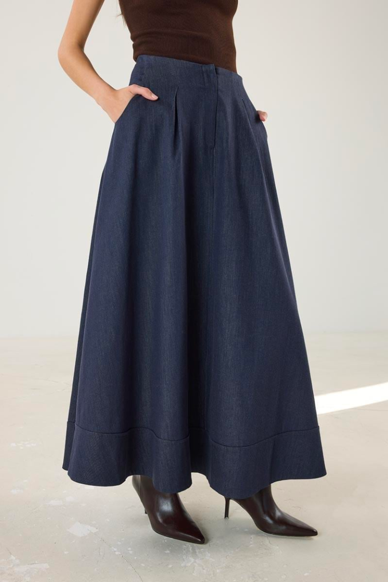Denim Skirt with Flared Hem and Panel Detailing - Navy